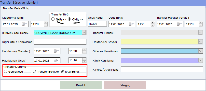 Transfer Durumu Güncelleme Ekranı