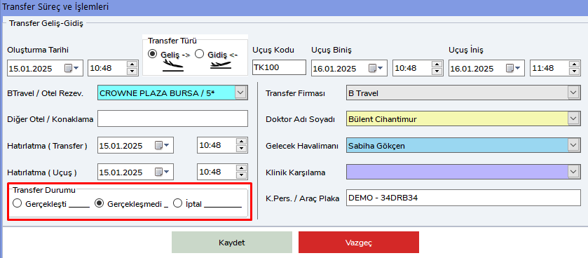 Transfer Durumu Güncelleme