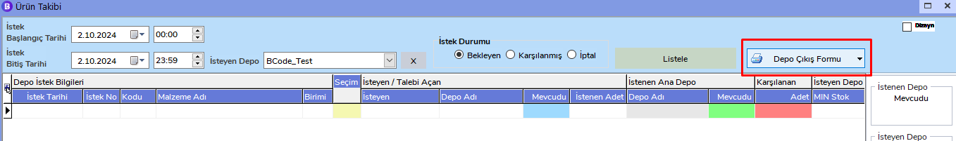 Depo Çıkış Formu