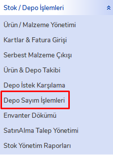 Depo Sayım İşlemleri Menüsü
