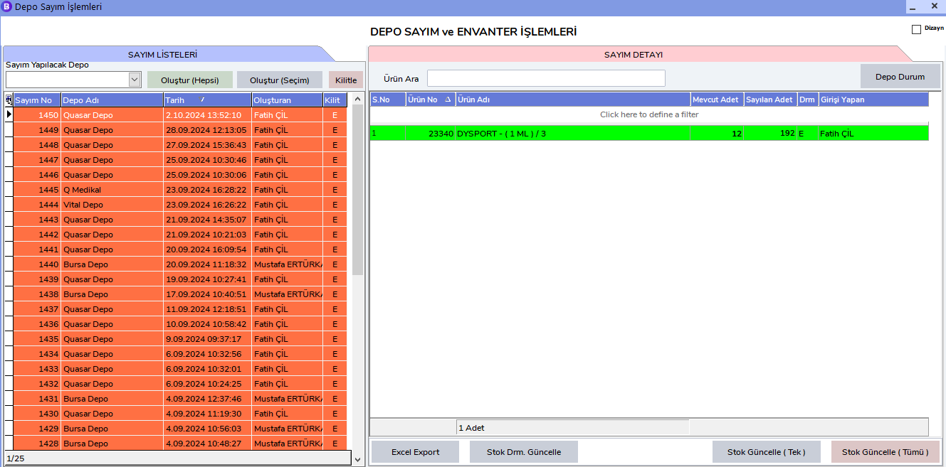 Depo Sayım ve Envanter Ekranı