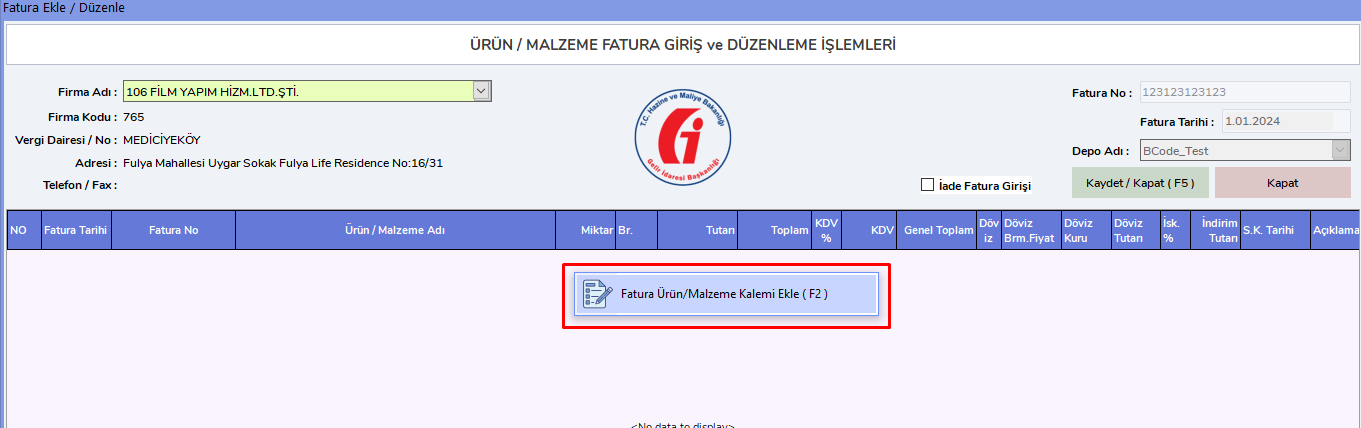 Ürün/Malzeme Ekleme
