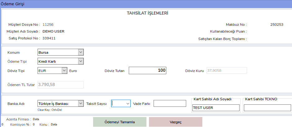 Tahsilat Giriş Ekranı