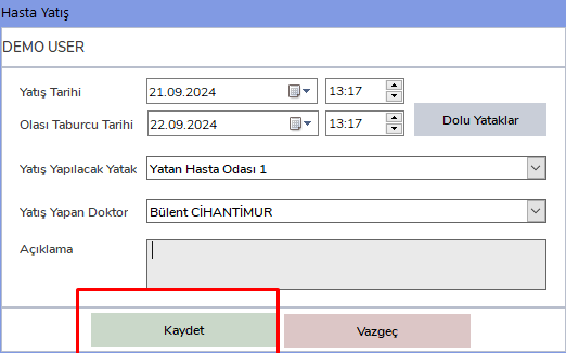 Hasta Yatışı Ekranı
