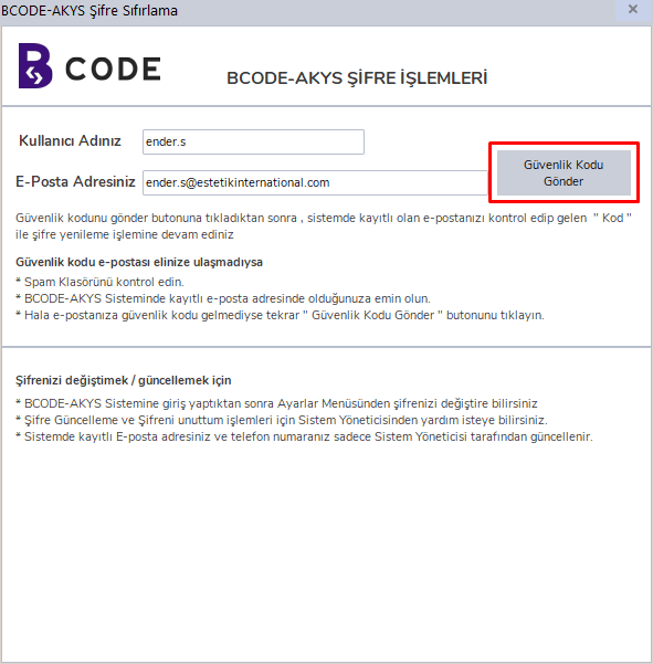 Güvenlik Kodu Gönder butonu